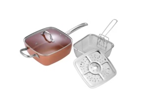Set tigaie multifunctionala cu suprafata non aderenta, copper, friteuza, pentru cuptor, 24x24x10 cm, 4 piese, maro