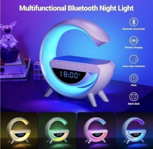 Lampa Smart LED si Incarcator Wireless 15W, Lumini Ambientale, Sincronizare muzicala, Difuzor 5W, Muzica Bluetooth, USB, FM Radio, MicroSD, AUX, Afisaj Ceas Digital, Alarma - Img 2
