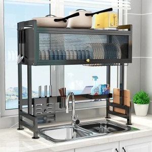 Raft Uscare Vase deasupra Chiuvetei – Suport Metalic Multifunctional cu Scurgator, Tacamuri, Cutite, Tocatoare & Detergent