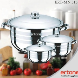 Set 3 oale Ertone MN 515 din inox cu capace de sticla, 20CM/3.2L, 22CM/4,5L, 24CM/6,3L,