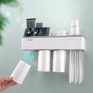Sertar multifuntional pentru baie, dispenser pasta de dinti, suport 4 periute si 3 pahare magnetice si suport telefon