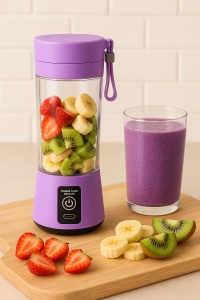 Blender portabil reincarcabil, capacitate 380ml, USB, 2000mAh, mixare fructe si legume, sucuri fresh, smoothie, milkshake, cu lame inox SUS304, mini blender de calatorie puternic si compact, mov