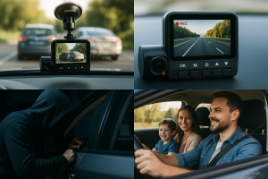 Camera de bord auto tripla DVR Adessna – Full HD 1080P, Night Vision, G-Sensor, unghi 170°, ecran 2.4”, inregistrare automata fata/interior/spate, suport card pana la 32GB, instalare rapida - Img 2