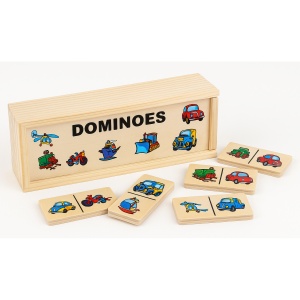 Joc domino din lemn pentru copii – 28 piese cu vehicule colorate, joc clasic educativ pentru logica, concentrare si spirit de echipa, dezvoltarea abilitatilor cognitive, cutie din lemn inclusa, recomandat 3+ ani, multicolor