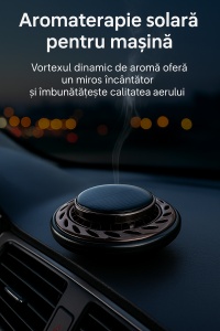 Odorizant auto cu incarcare solara premium – aromaterapie, miros intens si de lunga durata, purificator de aer pentru masina, rotire automata si design elegant pentru bord, set cu arome incluse, negru - Img 2