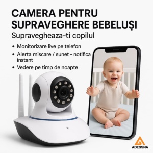 Camera video/audio pentru supraveghere bebelusi si copii Adessna – Baby Monitor WiFi HD 360°, Night Vision, rotatie automata, audio bidirectional, senzor miscare, 3 antene, compatibil Android/iOS, alerta instant, alb - Img 5