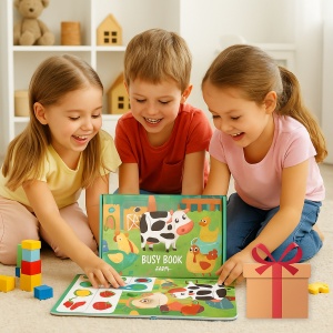 Carte interactiva educativa „Ferma”, Busy Book Montessori cu animale, fructe, legume, vreme si numere, 25x25 cm – jucarie didactica pentru copii, invatare prin joaca, dezvoltare cognitiva si motrica fina, multicolor - Img 6