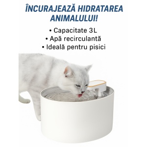 Dispenser de apa automat pentru animale, fantana cu capacitate de 3L ultra-silentioasa cu filtrare carbune activ, recirculare continua si alimentare USB, hidratare proaspata si sanatoasa pentru animale, design modern, alb - Img 3