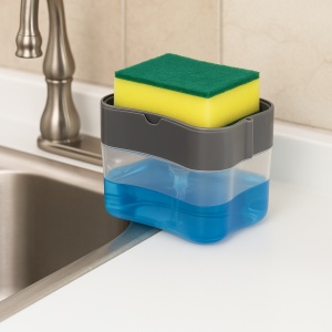 Dozator detergent de vase cu burete inclus – dispenser detergent lichid pentru chiuveta bucatarie, suport burete cu rezervor 385 ml, dozare prin apasare, design compact si modern, gri-transparent - Img 4
