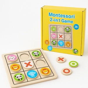 Joc educativ Montessori 2 in 1 din lemn – Sudoku cu animale si X si 0, pentru copii 3+ ani – dezvolta logica, concentrarea, memoria si spiritul competitiv, jucarie educativa interactiva, multicolor
