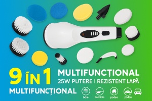 Perie de curatare electrica rotativa 9 in 1, reincarcabila, capete interschimbabile, 2 viteze, brat telescopic 30–137 cm, waterproof IPX7, curatare eficienta pentru baie, bucatarie si podele, autonomie 90 min, alb