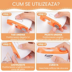 Unghiera electrica 2 in 1 ADESSNA, taiere si lustruire unghii, lumina LED, 2 viteze, incarcare USB-C, compartiment resturi, design ergonomic, silentioasa, potrivita pentru copii, adulti si varstnici, alb/portocaliu - Img 5