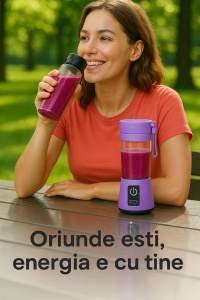 Blender portabil reincarcabil, capacitate 380ml, USB, 2000mAh, mixare fructe si legume, sucuri fresh, smoothie, milkshake, cu lame inox SUS304, mini blender de calatorie puternic si compact, mov - Img 5