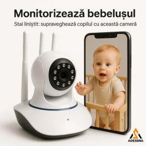 Camera video/audio pentru supraveghere bebelusi si copii Adessna – Baby Monitor WiFi HD 360°, Night Vision, rotatie automata, audio bidirectional, senzor miscare, 3 antene, compatibil Android/iOS, alerta instant, alb - Img 2