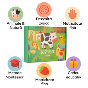 Carte interactiva educativa „Ferma”, Busy Book Montessori cu animale, fructe, legume, vreme si numere, 25x25 cm – jucarie didactica pentru copii, invatare prin joaca, dezvoltare cognitiva si motrica fina, multicolor - Img 3