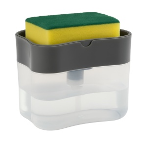 Dozator detergent de vase cu burete inclus – dispenser detergent lichid pentru chiuveta bucatarie, suport burete cu rezervor 385 ml, dozare prin apasare, design compact si modern, gri-transparent