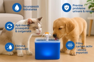 Fantana de apa automata pentru animale de companie, capacitate 2L, ultra-silentioasa, filtru carbune activ cu filtrare tripla, lumina LED, recirculare continua si alimentare USB, hidratare sanatoasa non-stop - Img 4
