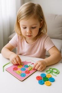 Joc educativ Montessori din lemn – exercitii de legare a sireturilor si incheiat nasturi colorati, dezvoltarea motricitatii fine, coordonarii si autonomiei copiilor, jucarie practica de invatare prin joaca, recomandat 3+ ani, multicolor - Img 3