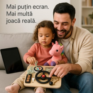 Jucarie Educativa Montessori, Volan Lemn, Busy Board, Incuietori si Activitati Interactive, Volan/ Schimbator Viteze/ Cheita/ Incuietoare/ Butoane Interactive, Dezvolta Motricitatea, imaginatia si logica copiilor - Img 6