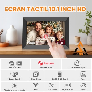 Rama foto digitala ADESSNA 10.1” IPS HD, Wi-Fi, aplicatie pentru telefon Frameo, card cadou 32GB, difuzor integrat, redare foto/video MP3/MP4, slot USB/SD, Sleep Mode, data/ora/meteo, design elegant, negru - Img 2