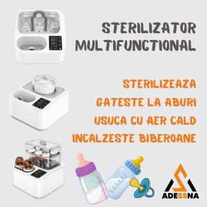 Sterilizator si incalzitor biberoane ADESSNA LS-BE915 multifunctional 8 in 1, 1200W, control digital cu ecran LED, sterilizare rapida cu abur, gatire si incalzire la abur, uscare automata, fara BPA, pentru biberoane si recipiente bebelusi, alb/gri