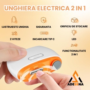 Unghiera electrica 2 in 1 ADESSNA, taiere si lustruire unghii, lumina LED, 2 viteze, incarcare USB-C, compartiment resturi, design ergonomic, silentioasa, potrivita pentru copii, adulti si varstnici, alb/portocaliu - Img 2