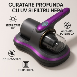Aspirator Wireless Anti-Acarieni pentru Pat și Canapea, 100W, 8000Pa, Lumină UVC Sterilizantă, Filtru HEPA, Baterie Reîncărcabilă, Portabil - Img 4