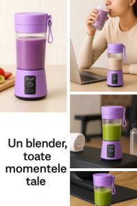 Blender portabil reincarcabil, capacitate 380ml, USB, 2000mAh, mixare fructe si legume, sucuri fresh, smoothie, milkshake, cu lame inox SUS304, mini blender de calatorie puternic si compact, mov - Img 2