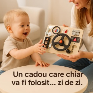 Jucarie Educativa Montessori, Volan Lemn, Busy Board, Incuietori si Activitati Interactive, Volan/ Schimbator Viteze/ Cheita/ Incuietoare/ Butoane Interactive, Dezvolta Motricitatea, imaginatia si logica copiilor - Img 3