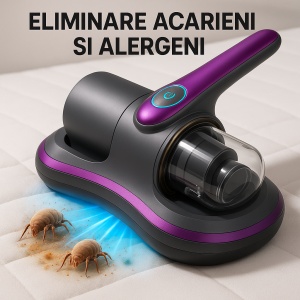 Aspirator Wireless Anti-Acarieni pentru Pat și Canapea, 100W, 8000Pa, Lumină UVC Sterilizantă, Filtru HEPA, Baterie Reîncărcabilă, Portabil