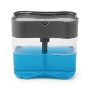 Dozator detergent de vase cu burete inclus – dispenser detergent lichid pentru chiuveta bucatarie, suport burete cu rezervor 385 ml, dozare prin apasare, design compact si modern, gri-transparent - Img 5
