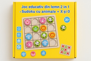 Joc educativ Montessori 2 in 1 din lemn – Sudoku cu animale si X si 0, pentru copii 3+ ani – dezvolta logica, concentrarea, memoria si spiritul competitiv, jucarie educativa interactiva, multicolor - Img 2