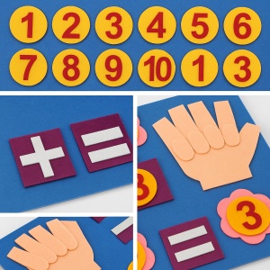Panou educativ Montessori „Numara pe degete”, material textil/fetru cu cifre 1–10, semne matematice si maini interactive, 30x25 cm – jucarie educativa pentru copii, invatare prin joc a numerelor si adunarii, multicolor - Img 4