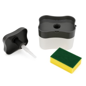 Dozator detergent de vase cu burete inclus – dispenser detergent lichid pentru chiuveta bucatarie, suport burete cu rezervor 385 ml, dozare prin apasare, design compact si modern, gri-transparent - Img 2
