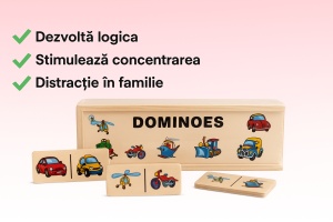 Joc domino din lemn pentru copii – 28 piese cu vehicule colorate, joc clasic educativ pentru logica, concentrare si spirit de echipa, dezvoltarea abilitatilor cognitive, cutie din lemn inclusa, recomandat 3+ ani, multicolor - Img 2