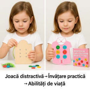 Joc educativ Montessori din lemn – exercitii de legare a sireturilor si incheiat nasturi colorati, dezvoltarea motricitatii fine, coordonarii si autonomiei copiilor, jucarie practica de invatare prin joaca, recomandat 3+ ani, multicolor - Img 4