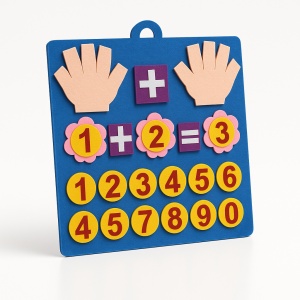 Panou educativ Montessori „Numara pe degete”, material textil/fetru cu cifre 1–10, semne matematice si maini interactive, 30x25 cm – jucarie educativa pentru copii, invatare prin joc a numerelor si adunarii, multicolor
