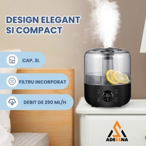 Umidificator de aer ultrasonic ADESSNA 3L cu difuzor aromaterapie, afisaj digital, telecomanda, acoperire 60m², 3 niveluri de umidificare, super silentios, oprire automata, iluminare LED, rezervor mare, aer curat si relaxant, negru - Img 6