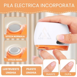 Unghiera electrica 2 in 1 ADESSNA, taiere si lustruire unghii, lumina LED, 2 viteze, incarcare USB-C, compartiment resturi, design ergonomic, silentioasa, potrivita pentru copii, adulti si varstnici, alb/portocaliu - Img 3
