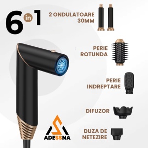 Uscator de par multifunctional 5 in 1 ADESSNA, 1000W, tehnologie cu ioni negativi, 3 trepte de temperatura, 5 capete interschimbabile, functii de uscare, indreptare, ondulare, volumizare si stilizare, design ergonomic pliabil - Img 2