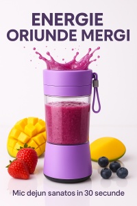 Blender portabil reincarcabil, capacitate 380ml, USB, 2000mAh, mixare fructe si legume, sucuri fresh, smoothie, milkshake, cu lame inox SUS304, mini blender de calatorie puternic si compact, mov - Img 3