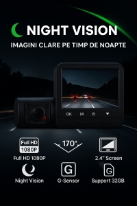 Camera de bord auto tripla DVR Adessna – Full HD 1080P, Night Vision, G-Sensor, unghi 170°, ecran 2.4”, inregistrare automata fata/interior/spate, suport card pana la 32GB, instalare rapida - Img 4
