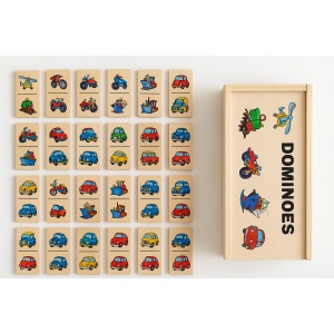 Joc domino din lemn pentru copii – 28 piese cu vehicule colorate, joc clasic educativ pentru logica, concentrare si spirit de echipa, dezvoltarea abilitatilor cognitive, cutie din lemn inclusa, recomandat 3+ ani, multicolor - Img 5