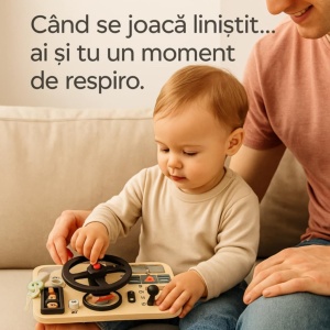 Jucarie Educativa Montessori, Volan Lemn, Busy Board, Incuietori si Activitati Interactive, Volan/ Schimbator Viteze/ Cheita/ Incuietoare/ Butoane Interactive, Dezvolta Motricitatea, imaginatia si logica copiilor - Img 4
