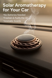 Odorizant auto cu incarcare solara premium – aromaterapie, miros intens si de lunga durata, purificator de aer pentru masina, rotire automata si design elegant pentru bord, set cu arome incluse, negru - Img 4