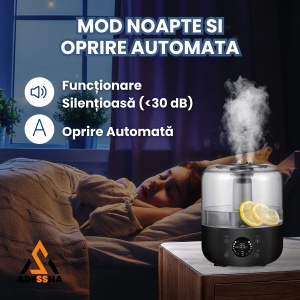 Umidificator de aer ultrasonic ADESSNA 3L cu difuzor aromaterapie, afisaj digital, telecomanda, acoperire 60m², 3 niveluri de umidificare, super silentios, oprire automata, iluminare LED, rezervor mare, aer curat si relaxant, negru - Img 3
