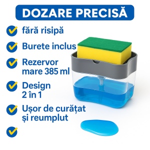 Dozator detergent de vase cu burete inclus – dispenser detergent lichid pentru chiuveta bucatarie, suport burete cu rezervor 385 ml, dozare prin apasare, design compact si modern, gri-transparent - Img 6