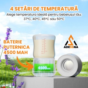 Incalzitor biberoane portabil ADESSNA, temperatura reglabila 37/40/45/50°C, baterie reincarcabila USB, autonomie lunga, incalzire rapida, compatibilitate universala cu 5 adaptoare, fara fir, husa transport inclusa, ideal pentru calatorii, fara BPA - Img 4