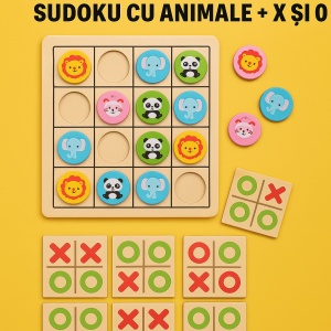 Joc educativ Montessori 2 in 1 din lemn – Sudoku cu animale si X si 0, pentru copii 3+ ani – dezvolta logica, concentrarea, memoria si spiritul competitiv, jucarie educativa interactiva, multicolor - Img 3