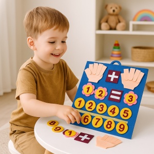 Panou educativ Montessori „Numara pe degete”, material textil/fetru cu cifre 1–10, semne matematice si maini interactive, 30x25 cm – jucarie educativa pentru copii, invatare prin joc a numerelor si adunarii, multicolor - Img 5